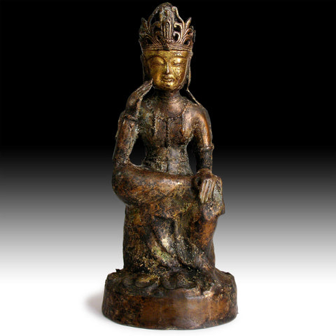 Pensive Maitreya Miroku Bosatsu Kamakura Style Gilt Bronze Buddha Statue 19"H 彌勒菩薩