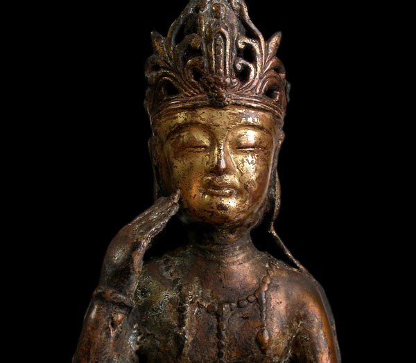 Pensive Maitreya Miroku Bosatsu Kamakura Style Gilt Bronze Buddha Statue 19"H 彌勒菩薩