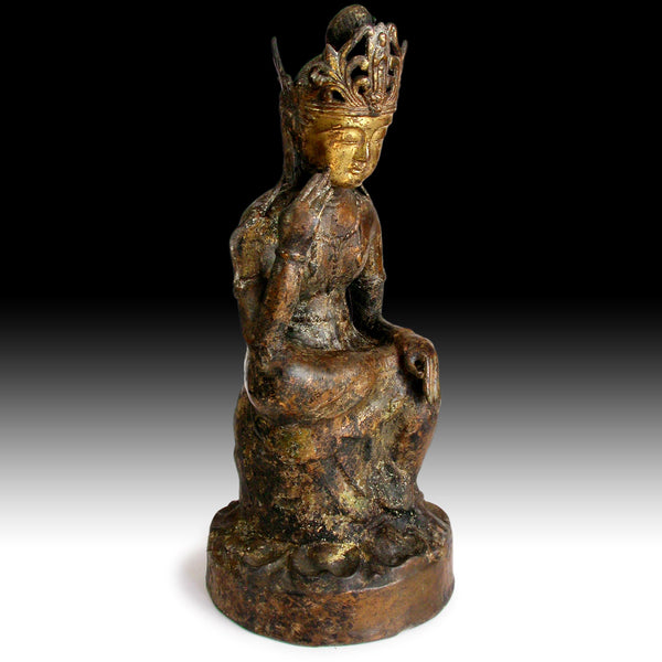 Pensive Maitreya Miroku Bosatsu Kamakura Style Gilt Bronze Buddha Statue 19"H 彌勒菩薩