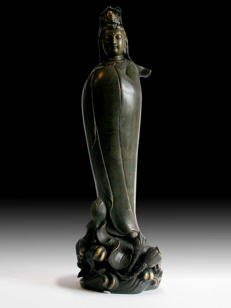Antique Chinese Qing Bronze Lotus Guan Yin Bodhisattva of Compassion Statue 蓮花觀音