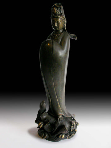 Antique Chinese Qing Bronze Lotus Guan Yin Bodhisattva of Compassion Statue 蓮花觀音