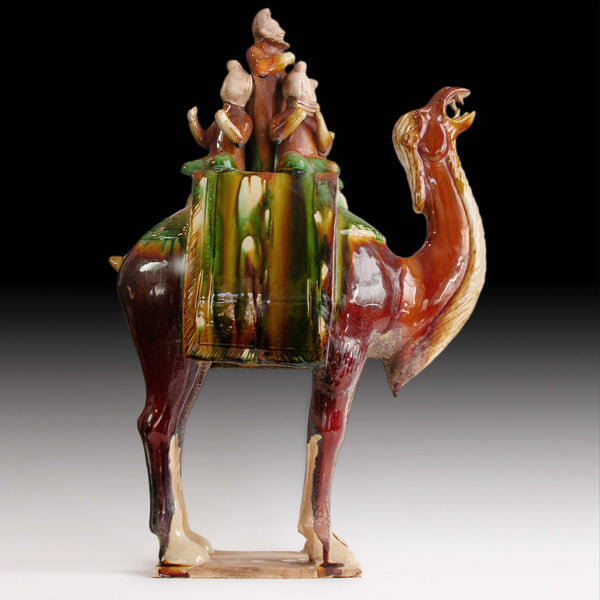 Lg Camel Riders Tang Style Vintage Chinese Sancai Glaze Ceramic Statue 23”H 三彩