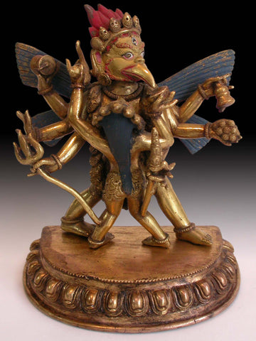 6-Armed Garuda & Consort Yab Yum Union Antique Tibetan Gilt Bronze Buddha Statue 大鵬金翅明王