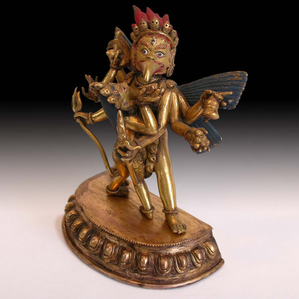 6-Armed Garuda & Consort Yab Yum Union Antique Tibetan Gilt Bronze Buddha Statue 大鵬金翅明王