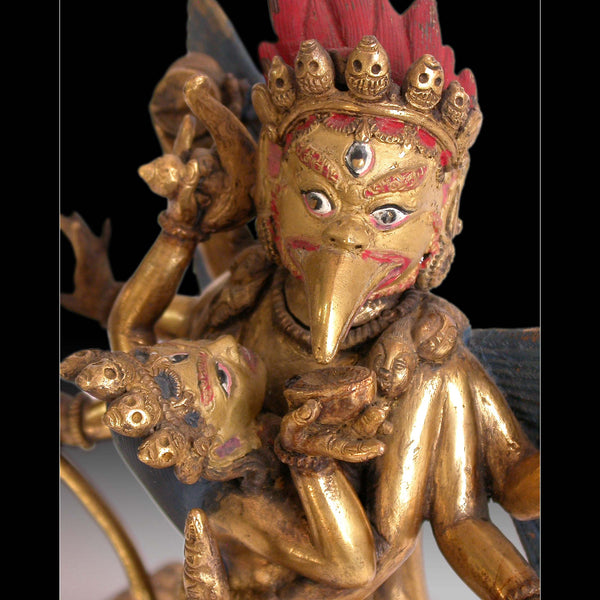 6-Armed Garuda & Consort Yab Yum Union Antique Tibetan Gilt Bronze Buddha Statue 大鵬金翅明王