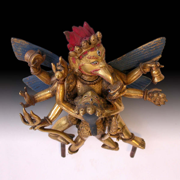 6-Armed Garuda & Consort Yab Yum Union Antique Tibetan Gilt Bronze Buddha Statue 大鵬金翅明王