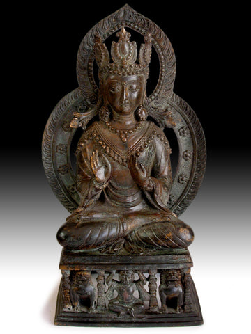 Antique Maitreya Buddha Guardian Lion Shrine Southeast Asian Bronze Statue 彌勒菩薩