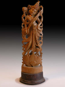 Goddess of Art and Wisdom Saraswati Sandalwood Carving Vintage Hindi Statue 11”H