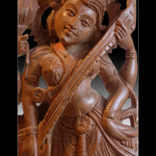 Goddess of Art and Wisdom Saraswati Sandalwood Carving Vintage Hindi Statue 11”H