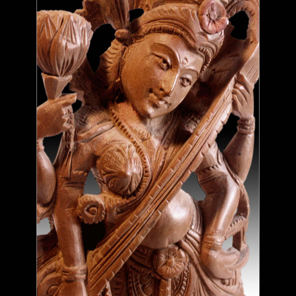 Goddess of Art and Wisdom Saraswati Sandalwood Carving Vintage Hindi Statue 11”H