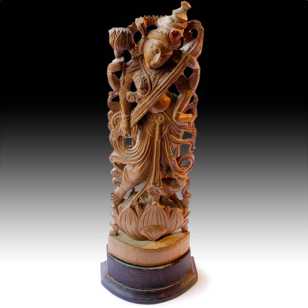 Goddess of Art and Wisdom Saraswati Sandalwood Carving Vintage Hindi Statue 11”H