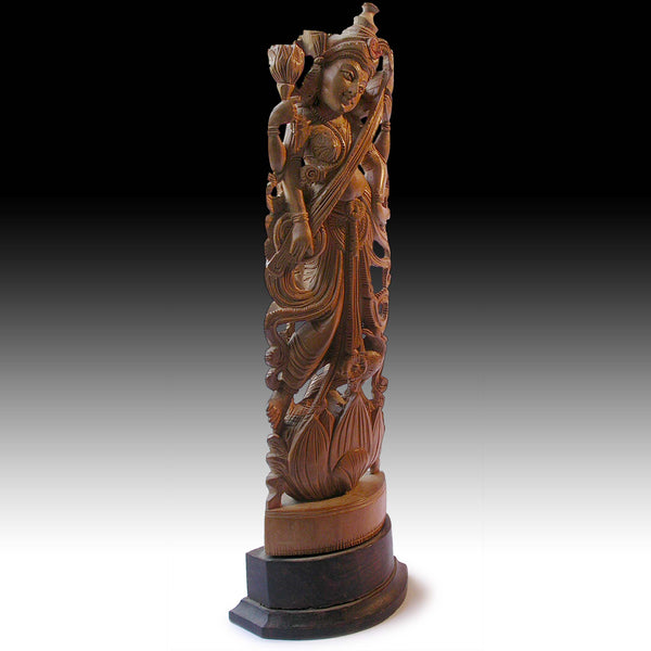 Goddess of Art and Wisdom Saraswati Sandalwood Carving Vintage Hindi Statue 11”H