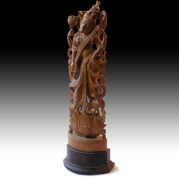 Goddess of Art and Wisdom Saraswati Sandalwood Carving Vintage Hindi Statue 11”H