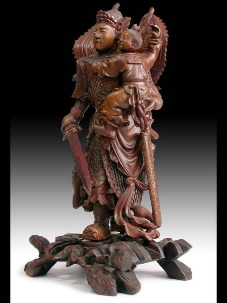 God of War Zhao Zilong Saving Adou Antique Chinese Carved Three Kingdoms Rosewood Statue 17”H 趙雲