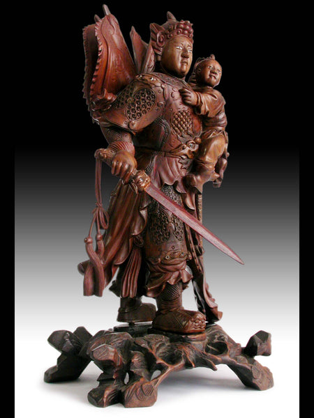 God of War Zhao Zilong Saving Adou Antique Chinese Carved Three Kingdoms Rosewood Statue 17”H 趙雲