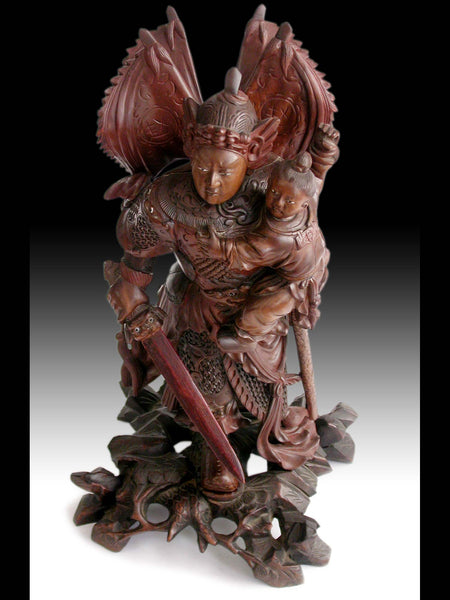 God of War Zhao Zilong Saving Adou Antique Chinese Carved Three Kingdoms Rosewood Statue 17”H 趙雲